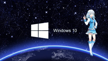 обоя компьютеры, windows  10, фон, логотип, взгляд, девушка