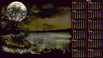 обоя календари, компьютерный дизайн, водоем, ночь, луна, растения, природа