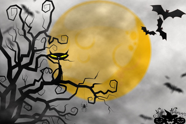Обои картинки фото праздничные, хэллоуин, луна, кошка, happy, halloween, мыши