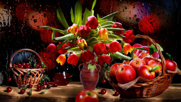 обоя еда, натюрморт, букет, тюльпаны, вишня, корзинка, яблоки
