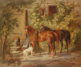 Картинка рисованные животные после охоты добычя собаки лошади у крыльца horses at the porch adam albrecht альбрехт адам