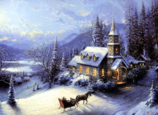 Картинка thomas kinkade рисованные церковь зима сани