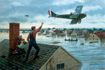 обоя gil, cohen, рисованные, дома, наводнение, самолёт, лодка, крыша