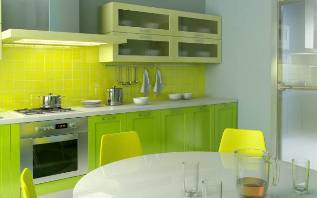 Обои картинки фото 3д, графика, realism, реализм, яркий, интерьер, комната, дизайн, стиль, кухня, зеленый, желтый, стол, стулья