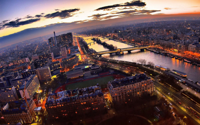 Обои картинки фото города, париж, франция, река, мосты, здания, огни