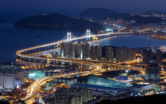 Обои картинки фото gwangan, bridge, пусан, южная, корея, города, мосты, дорога, побережье, мост, здания