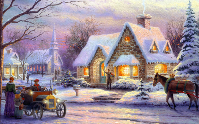 Обои картинки фото thomas, kinkade, рисованные, зима, дом, люди, лошадь
