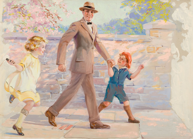 Обои картинки фото рисованные, люди, девочка, прогулка, отец, мальчик