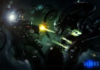 Картинка фэнтези Чужой+ alien сражение схватка солдат чужые оружие