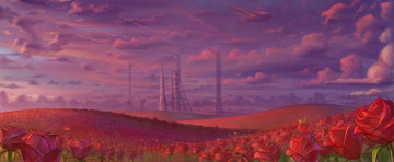 Картинка рисованное природа космодром розы небо ракета поле