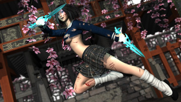 Картинка 3д+графика фантазия+ fantasy сакура меч девушка кровь взгляд