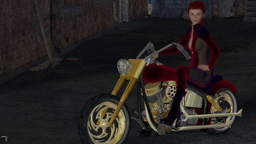 обоя мотоциклы, 3d, взгляд, девушка, мотоцикл, фон, рыжая