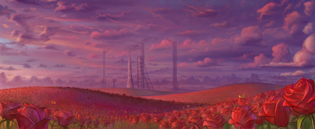 Обои картинки фото рисованное, природа, космодром, розы, небо, ракета, поле