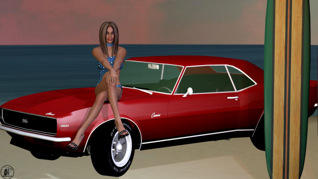 Обои картинки фото автомобили, 3d car&girl, море, пляж, автомобиль, девушка, взгляд, фон