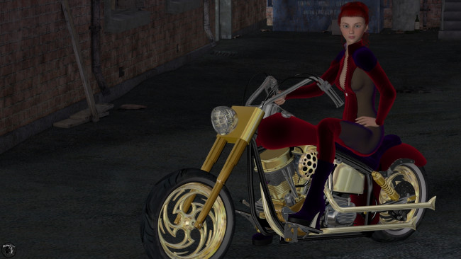 Обои картинки фото мотоциклы, 3d, взгляд, девушка, мотоцикл, фон, рыжая