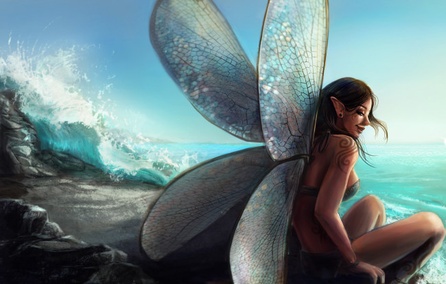 Обои картинки фото фэнтези, феи, фея, волны, море, берег, крылья, девушка