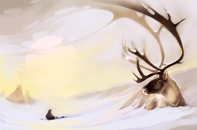 Обои картинки фото рисованное, животные,  олени, рога, снег, олень, север
