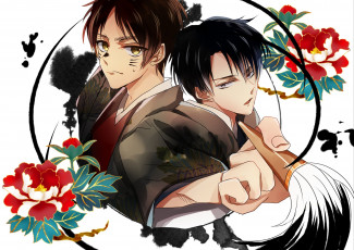 Картинка аниме shingeki+no+kyojin леви атака титанов эрен цветы арт