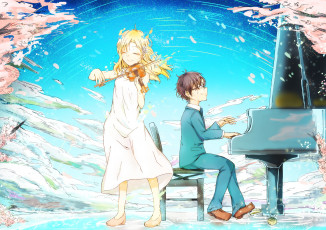 Картинка аниме shigatsu+wa+kimi+no+uso miyazono kawori arima kousei музыка мальчик ota tamashi девочка скрипка shigatsu wa kimi no uso пианино
