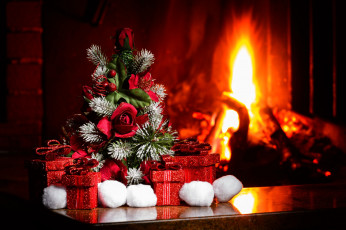 обоя праздничные, Ёлки, уют, камин, снежки, подарки, елка, декор, 2016, new, year, новый, год, рождество, xmas, christmas, merry