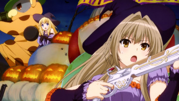 обоя amagi brilliant park, аниме, тыквы, оружие, фон, девушки, взгляд