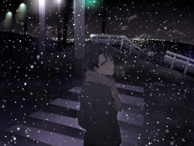 Обои картинки фото аниме, shingeki no kyojin, ночь, зебра, дорога, зима, снег, город, атака, титанов, леви