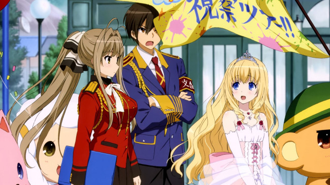 Обои картинки фото amagi brilliant park, аниме, девушки, фон, взгляд