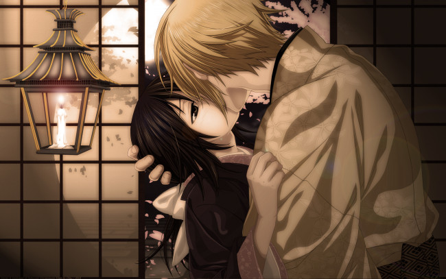 Обои картинки фото аниме, hakuoki, девушка, поцелуй, романтика, пара, парень, hakuouki
