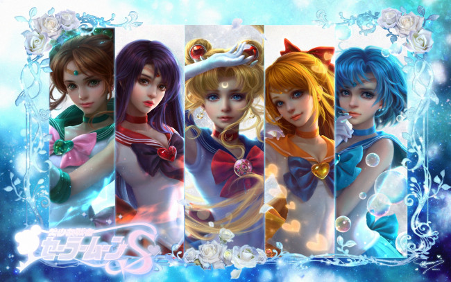 Обои картинки фото аниме, sailor moon, цветы, войны, девушки, girls, venus, mercury, jupiter, sailor, moon, mars