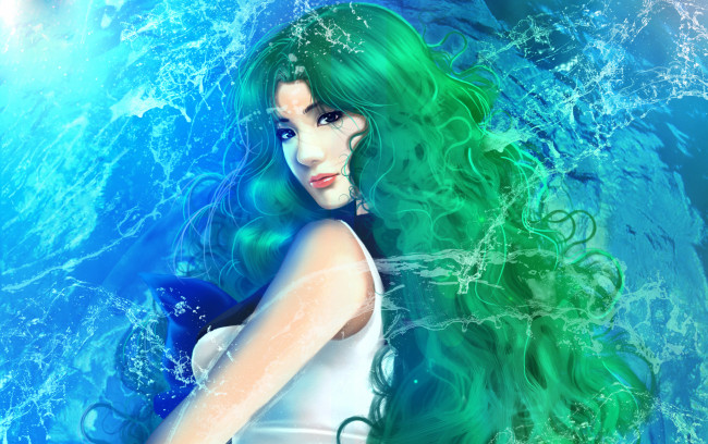 Обои картинки фото аниме, sailor moon, bishoujo, senshi, sailor, moon, вода, девушка, kaiou, michiru, neptune, зеленые, волосы