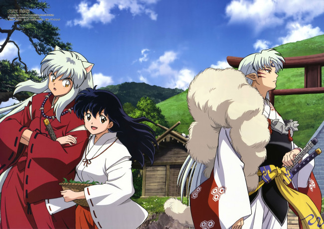 Обои картинки фото аниме, inuyasha, сешоумару, кагоме, инуяша