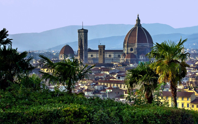 Обои картинки фото города, флоренция , италия, собор, горы, пальмы