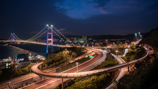 Обои картинки фото tsing ma bridge, города, гонконг , китай, панорама, огни, ночь