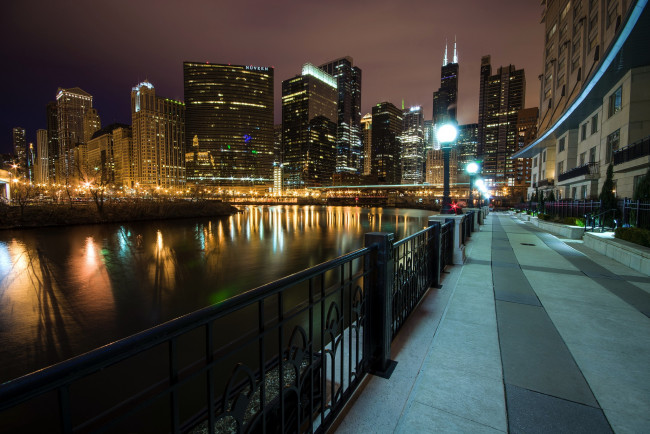 Обои картинки фото города, Чикаго , сша, река, набережная, вечер, огни
