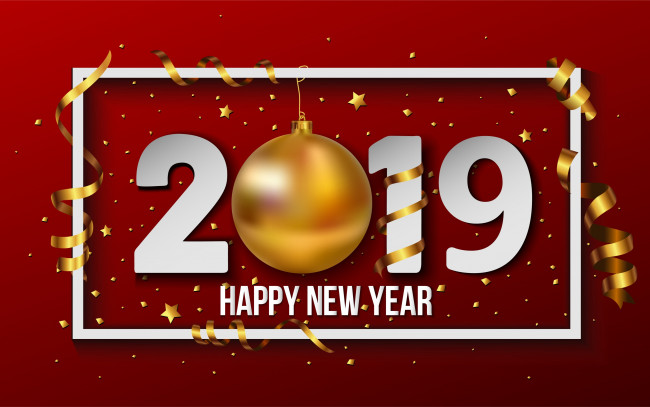 Обои картинки фото с новым 2019 годом, праздничные, - разное , новый год, произведения, искусства, 2019, год, белые, цифры, концепции, золотой, шар, красный, фон, cчастливый, новый
