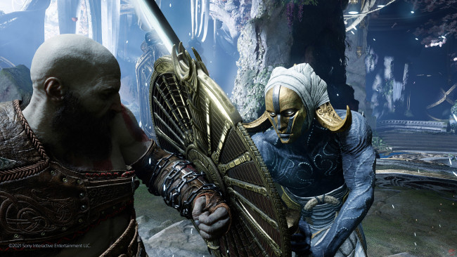 Обои картинки фото видео игры, god of war,  ragnarok, воины, поединок, щит