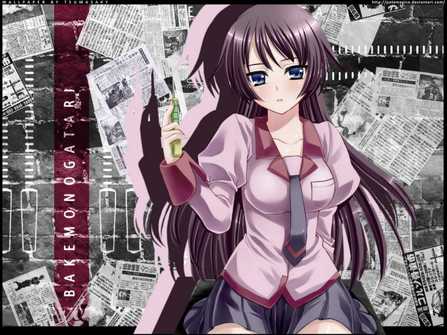 Обои картинки фото аниме, bakemonogatari, senjougahara hitagi, девушка, форма, нож, газета, надпись
