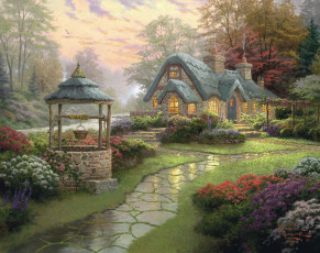 Картинка thomas kinkade рисованные пейзаж дом колодец цветы