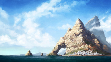 Картинка рисованные природа горы городок пейзаж побережье море