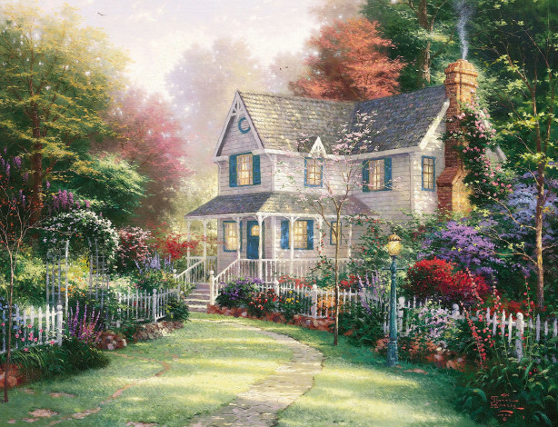 Обои картинки фото thomas, kinkade, рисованные, сад, дом