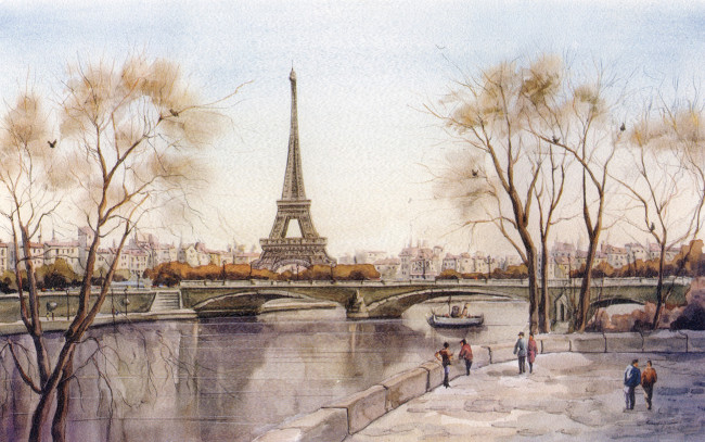 Обои картинки фото рисованные, города, акварель, франция, эйфелева, башня, париж