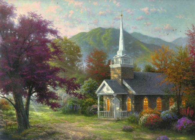 Обои картинки фото thomas, kinkade, рисованные, пейзаж, церковь