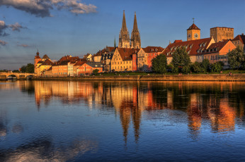 обоя регенсбург, германия, города, река, отражение, здания