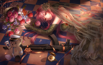 Картинка by milcho аниме weapon blood technology девушка пол часы цветы оружие медведь платье кровь
