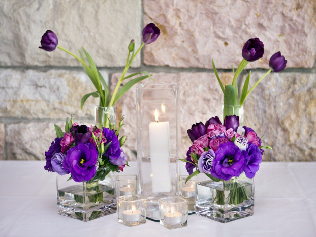 Обои картинки фото цветы, букеты, композиции, свечи, вазы, тюльпаны, анемоны