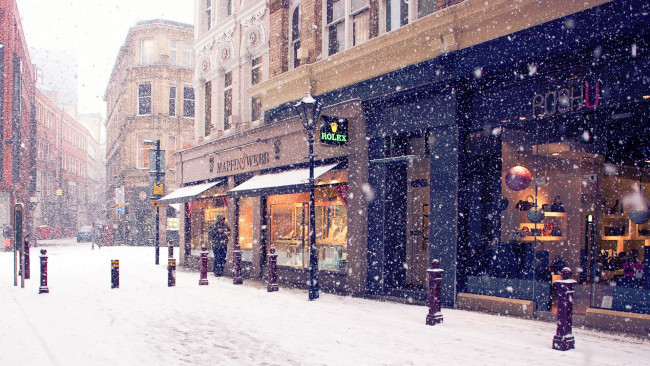 Обои картинки фото улица, города, улицы, площади, набережные, зима, снегопад, магазины