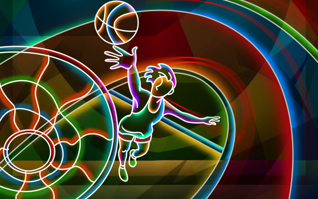 Обои картинки фото basketball, player, спорт, 3d, рисованные, мяч, полосы, корзина, прыжок, баскетболист, баскетбол