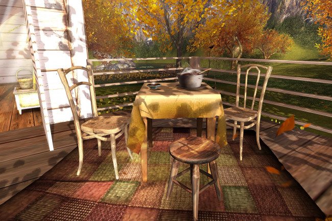 Обои картинки фото 3д, графика, realism, реализм, осень, веранда, стол, стулья
