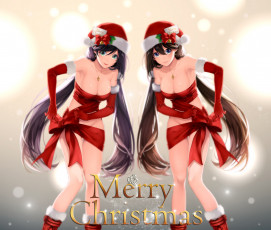 Картинка by+katase+waka аниме -merry+chrismas+&+winter крест девушки близнецы бант костюм шапка колокольчики ленты