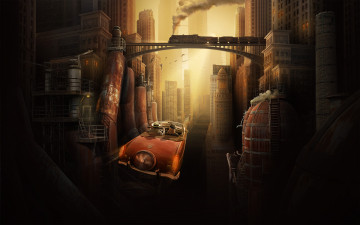 Картинка фэнтези иные+миры +иные+времена автомобиль поезд мост здания